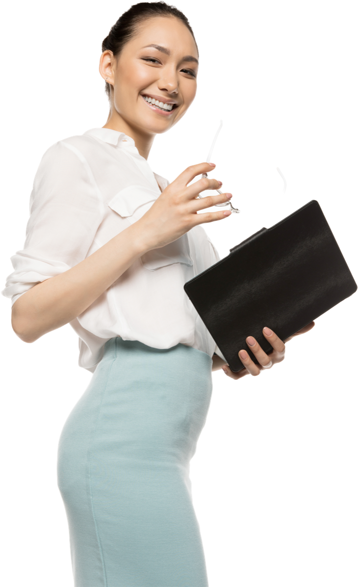A practice coordinator holding a tablet, mid-task